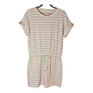 Lou & Grey Terry Dress SZ Medium Pink White Striped Cozy Cotton Slit Pockets